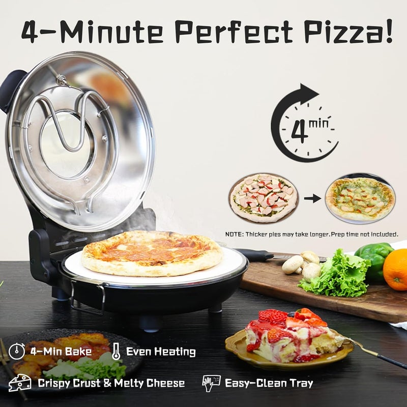 YIBAKE Stone Pizza Oven, 12'' Indoor Electric Pizza Maker, 1200W Countertop Pizza Maker Machine with Dual Temp Control, Crispy Crust Pizzas in Minutes, Black - Image 2